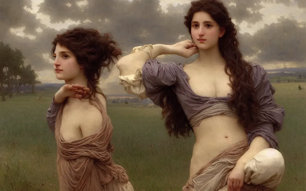 Image similar to a beautiful young woman, a beautiful farm in the background, dramatic weather, by William Adolphe Bouguereau, by Edgar Maxence, by Ross Tran and Michael Whelan,trending on artstation