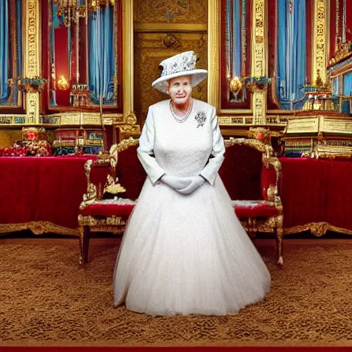 Image similar to a fisheye lens photo of her majesty the queen