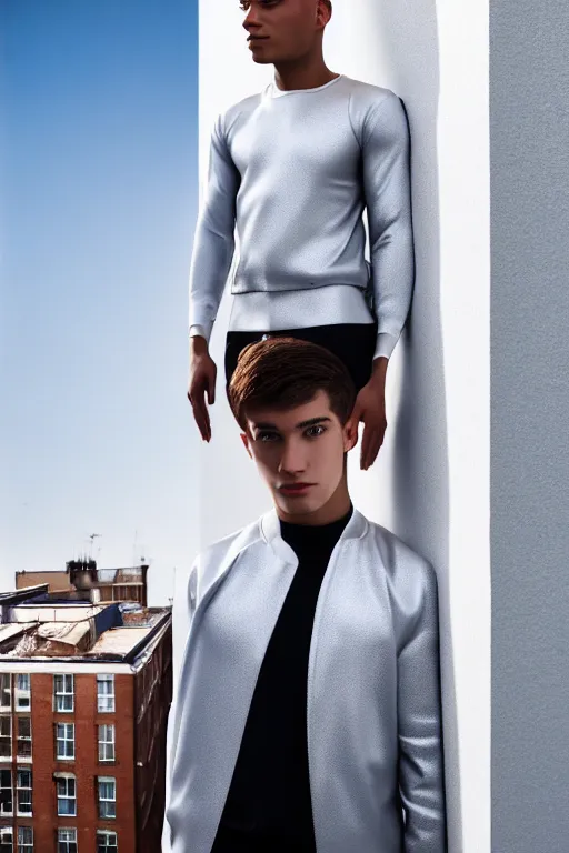 Image similar to un ultra high definition studio quality photographic art portrait of a young man standing on the rooftop of a british apartment building wearing soft padded silver pearlescent clothing. three point light. extremely detailed. golden ratio, ray tracing, volumetric light, shallow depth of field. set dressed.