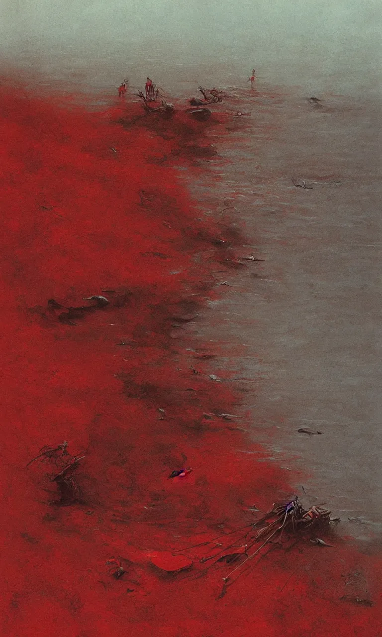 Prompt: dead river, dead fish, red color, highly detailed, 8 k, artstation, beutifull, masterpiece by beksinski