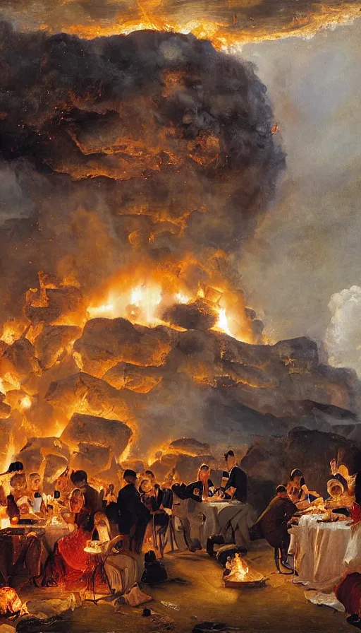 Image similar to still life painting of birthday party getting hit by volcano lava, by Peder Krøyer, golden hour, dramatic lighting, epic, gargantuan, intricate detail, canvas print