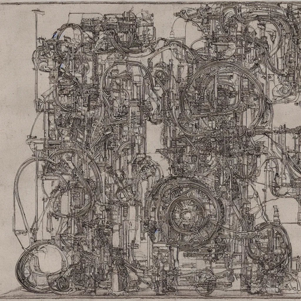 Image similar to davinci schematic of an intricate machine that turns water into wine, 8 k