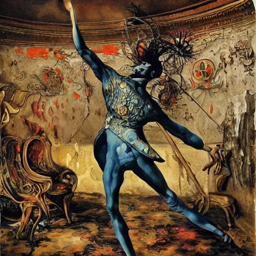 Image similar to a highly detailed painting of an elegant male dancer with flamingo legs by salvador dali and vadim stein, in a domed destroyed ballroom splattered with rot and decay by albrecht durer, dramatic lighting, insanely detailed