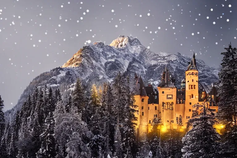 Prompt: Beautiful castle in the heart of the forest and snow-capped mountains at night, hyperdetailed, photo realistic, dramatic lighting, Nat Geo award winner, 100mm lens, bokeh