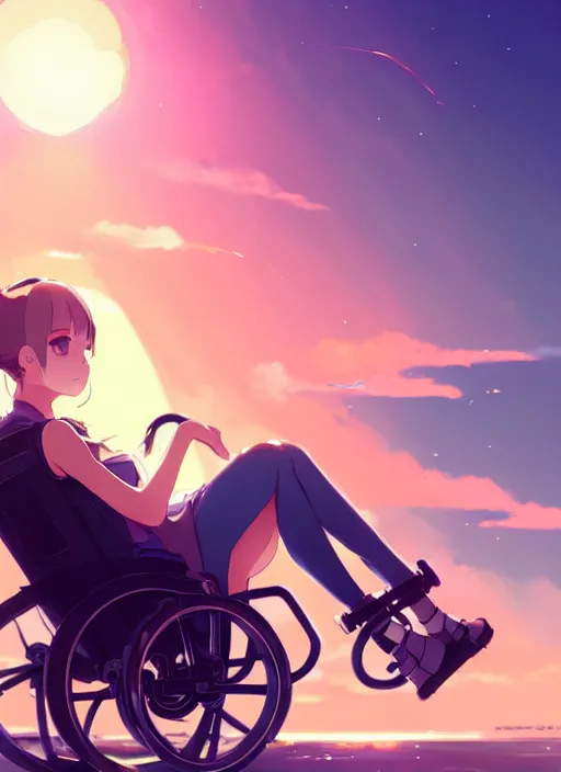 Prompt: portrait of cute girl, sunset sky in background, beach landscape, illustration concept art anime key visual trending pixiv fanbox by wlop and greg rutkowski and makoto shinkai and studio ghibli and kyoto animation, futuristic wheelchair, symmetrical facial features, should eyes, future clothing, backlit, tsundere