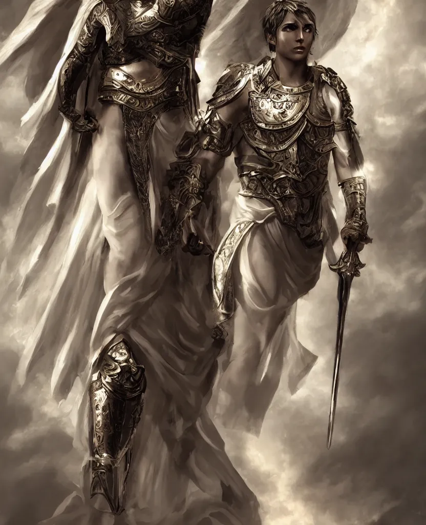 Image similar to male divine androgynous gorgeous, with a white gold high angelic armor, dark epic, roman toga, cinematic lighting, heaven background, concept art, highly detailed, photorealistic, 4 k