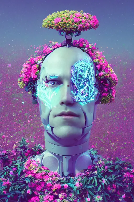 Image similar to a digital portrait of a robot with flowers in its head by Mike Winkelmann, cgsociety contest winner, digital art, made of flowers, digital painting, photoillustration