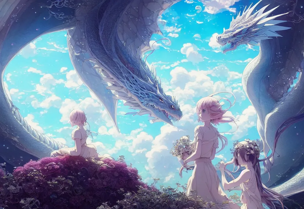 Image similar to the beautiful hyper detailed scene render that a lonely single beautiful girl lies in the arms of a huge silver dragon alone in the fairyland surrounded by white clouds, in the style of makoto shinkai victo ngai and peter mohrbacher studio ghibli artgerm karol bak beeple, cinematic, absolutely beautiful, ultra wide angle, animation style, 8 k hd