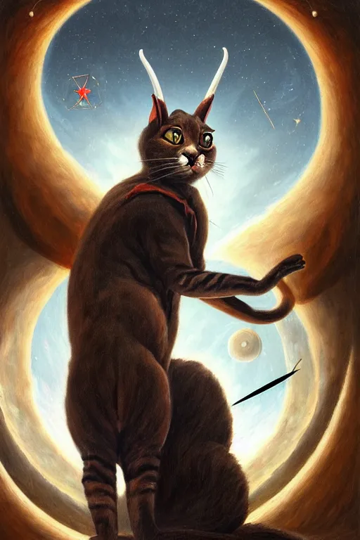 Prompt: classic oil painting, anthropomorphic cat that has goat horns, as a dnd character, in a cluttered astronomical observatory, satanic, cottagecore, highly detailed, digital illustration, concept art, smooth, sharp focus, art by velazquez