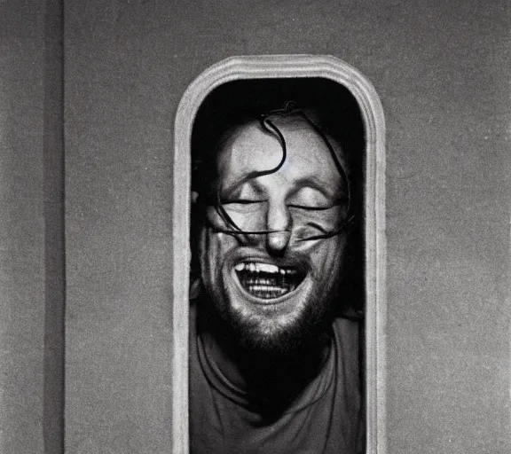 Image similar to Hans Bellmer photo of 'gigachad laughing behind bars', dark, high contrast, high exposure photo