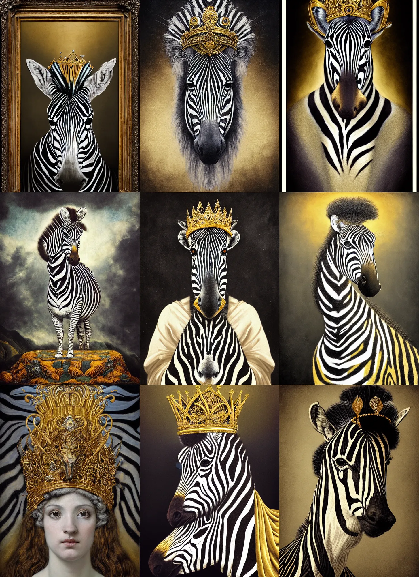 Prompt: “A majestic portrait of a zebra wearing a crown, on a velvet throne, titian, Tom Bagshaw, Sam Spratt, maxfield parrish, gustav klimt, high detail, 8k, underwater light rays, intricate, royalty, vibrant iridescent colors,art nouveau, black and white and gold”