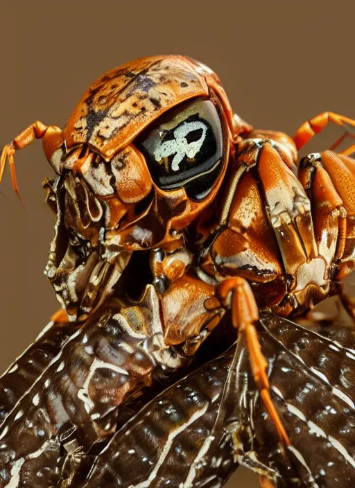 Image similar to hyper realistic photography of intricate bone skull insect lobster hybrid cinematic, symmetric detailed