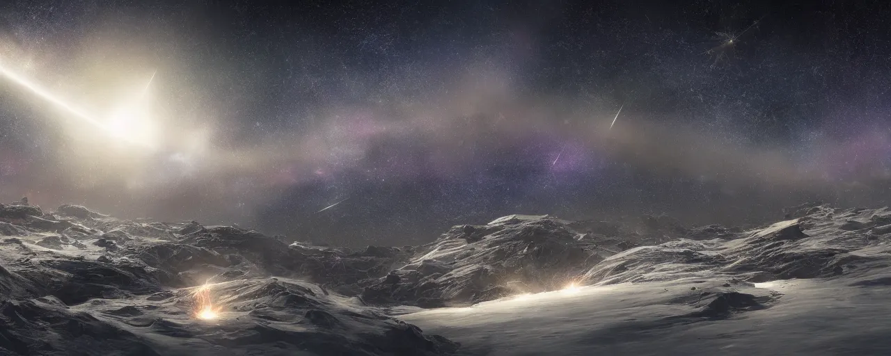 Prompt: meteor shower viewed from the north pole, large scale, breathtaking, mixed media, digital art, trending on artstation, 8k, epic composition, highly detailed, AAA graphics