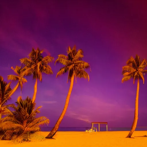 Prompt: on a beach, a dark night, faded purple light streak across the sky coming from the left down to the right, 2 skinny shadow palm trees stand in front of the purple glow in the sky, high detail