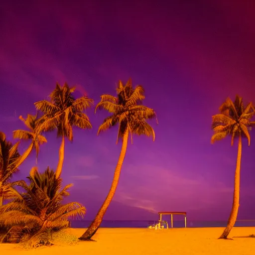 Image similar to on a beach, a dark night, faded purple light streak across the sky coming from the left down to the right, 2 skinny shadow palm trees stand in front of the purple glow in the sky, high detail