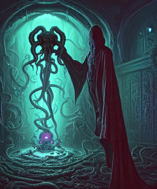 Image similar to hooded necromancer in front of a cthulhu within a viscosity fluid lovecraft portal, digital art by dan mumford and peter mohrbacher and wayne barlowe, intricate detail, subsurface scattering, ray tracing, unreal engine, octane render, synthwave color scheme