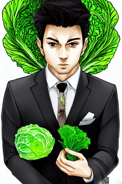 Image similar to man with suit and tie, with a cabbage for a face, symmetrical, highly detailed, digital art, sharp focus, trending on art station, anime art style