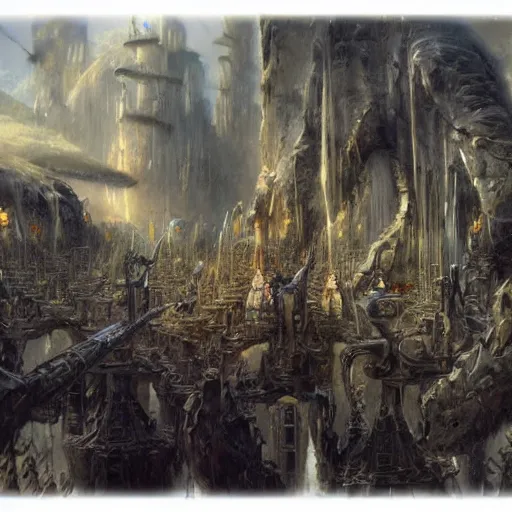 Image similar to orchestral music played by robots, painted by alan lee, john howe, pixiv, deviantart, artstation illustration, realistic