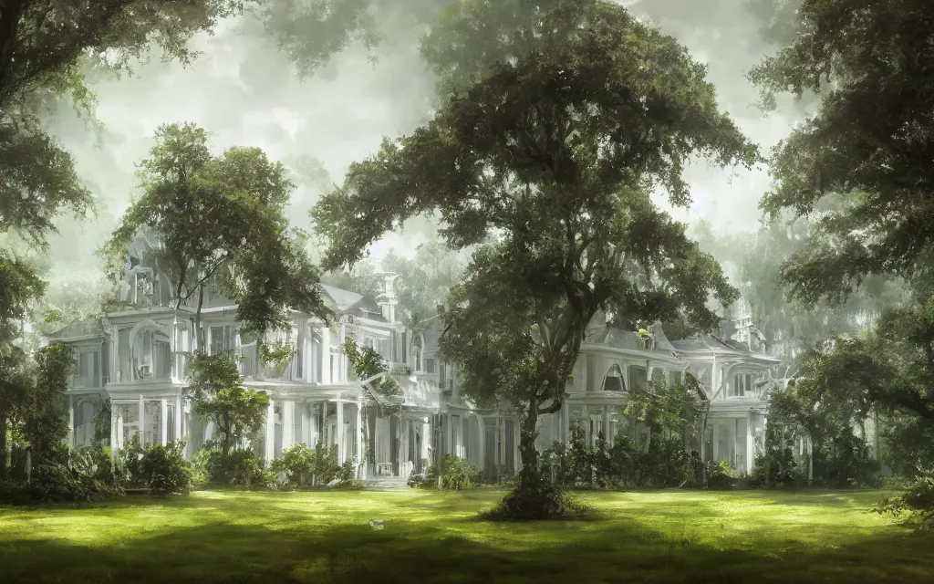 Image similar to a white manor house on a lush southern plantation with a tree-lined driveway, romanticism, hyperdetailed, artstation, cgsociety, 8k, masterpiece, sharp, fine art