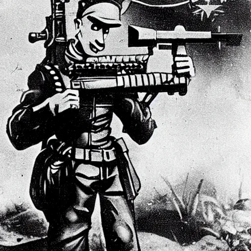 Prompt: old wartime photograph of crash bandicoot the video game character holding a lewis gun, 1 9 1 7