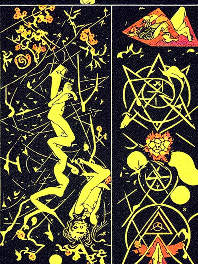 Prompt: life of ash, flat, granular gradient, dark theme, color blocks, tarot nouveau, the occult + work of kazuma nigai + tarot card