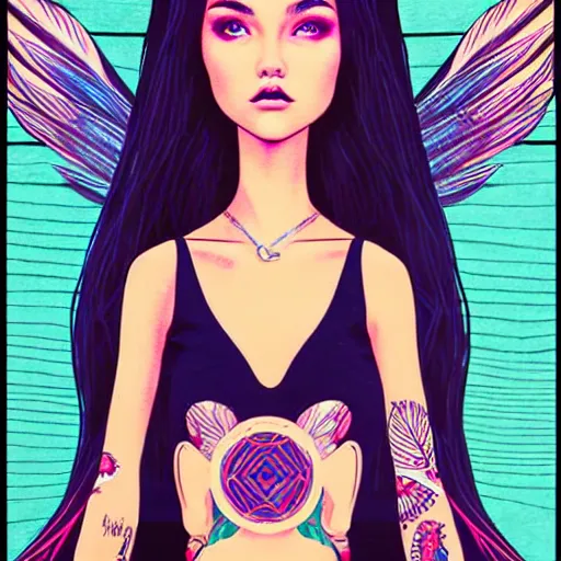 Image similar to skydoll like madison beer by alessandro barbucci, by loish, by audrey kawasaki, barbbara cannepa global illumination, feathers texture overlays, printed on wood