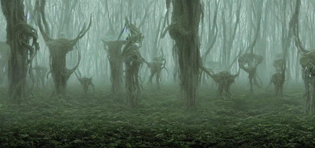 Prompt: a complex organic fractal 3 d metallic symbiotic ceramic humanoid megastructure eldritch horror in a swampy lush forest, foggy, cinematic shot, photo still from movie by denis villeneuve