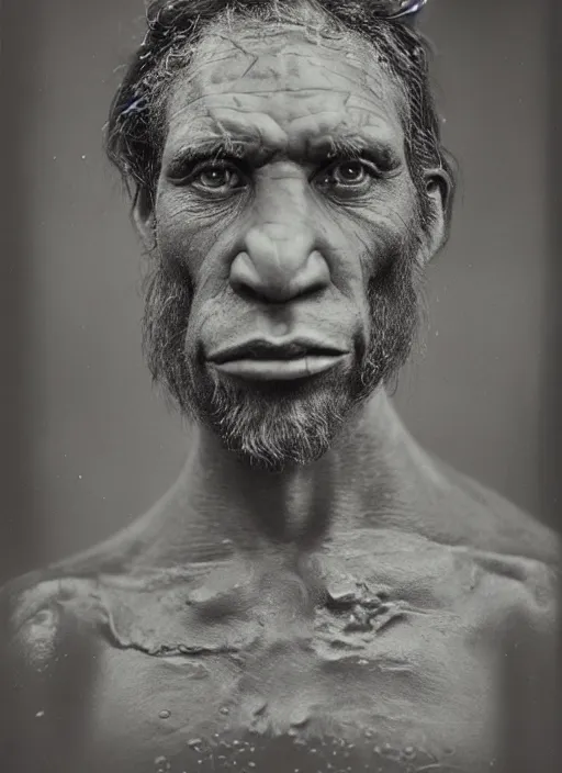 Image similar to portrait of a neanderthaler, hyperrealism, photo realistic, detailed, award winning photograph, cinematic lighting, ambrotype wet plate collodion by richard avedon and shane balkowitsch