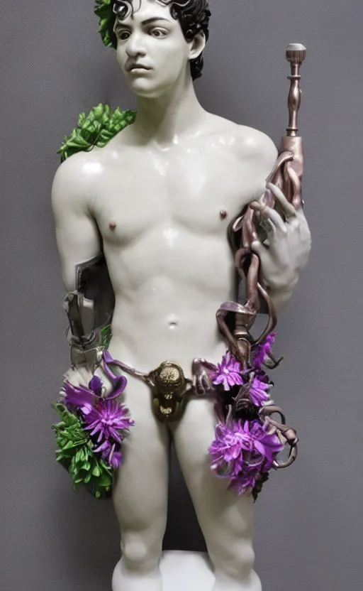 Image similar to a young handsome seductive latino porcelain sculpture of a prince with a head of a CRT monitor and a large glowing violet crystal in the center of his chest, full-body bronze cyberpunk style statue of Andromeda with glowing green laser eyes, crown of mechanical chrysanthemums, flowing aqua silk, fabric, steampunk flowers. baroque elements, human hands. full-length view. baroque element. intricate artwork by caravaggio. many flying horses on background. Trending on artstation, octane render, cinematic lighting from the right, hyper realism, octane render, 8k, depth of field, 3D