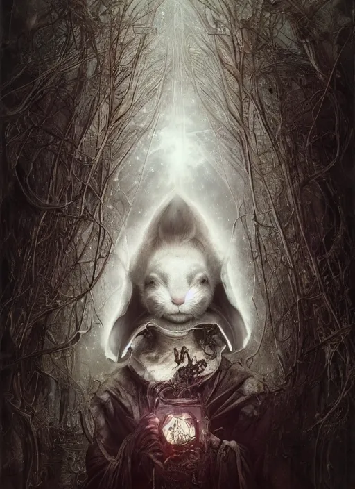 Image similar to white rabbit the magician tarot card, highly detailed, cinematic, 8 k, by stanley artgermm, tom bagshaw, greg rutkowski, carne griffiths, ayami kojima, beksinski, giger, trending on deviantart, hyper detailed, horror, full of colour