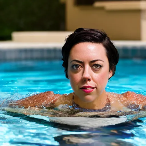 Image similar to photograph of aubrey plaza swimming in a pool, highly detailed, symmetrical, nikkor 8 5 mm f / 1. 8 g