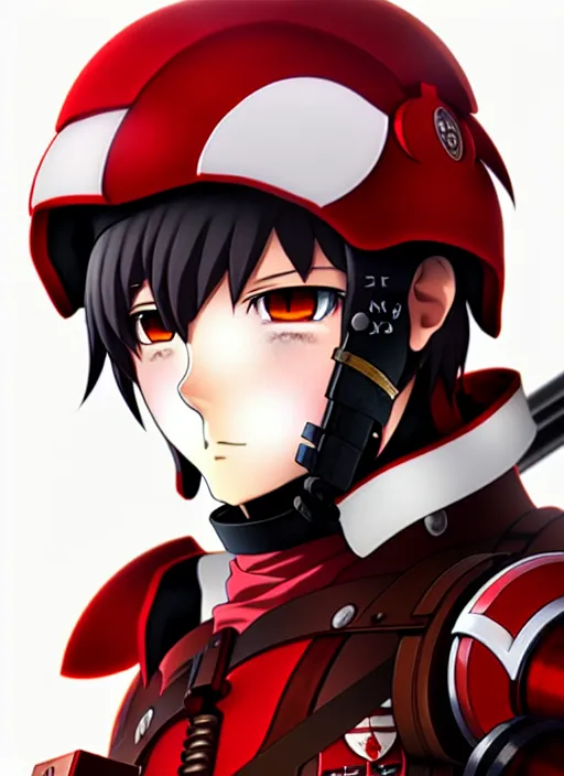 Image similar to anime portrait of a vicious helldiver scout soldier, red armor with white accents, closeup on face, ilya kuvshinov, anime, pixiv top monthly, trending on artstation, cinematic, danbooru, zerochan art, kyoto animation