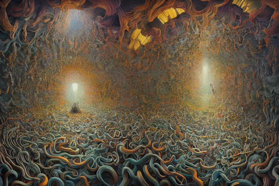 Prompt: hyper detailed 3d render like a Oil painting - journey to the center of the earth, by Jacek Yerka, Mariusz Lewandowski, Houdini algorithmic generative render, Abstract brush strokes, Masterpiece, Edward Hopper and James Gilleard, Zdzislaw Beksinski, Mark Ryden, Wolfgang Lettl, hints of Yayoi Kasuma, octane render, 8k