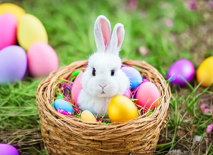Image similar to a 3 5 mm photo of a cute fluffy lop eared bunny sitting in an easter basket full of colorful easter eggs, bokeh, canon 5 0 mm, cinematic lighting, film, photography, golden hour, depth of field, award - winning