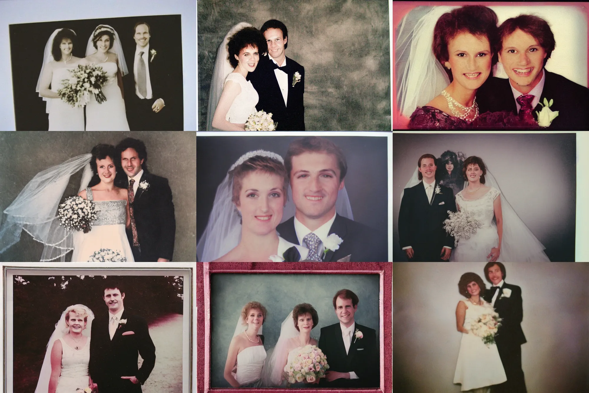 Prompt: old 1980s wedding portrait, photo uk, faded
