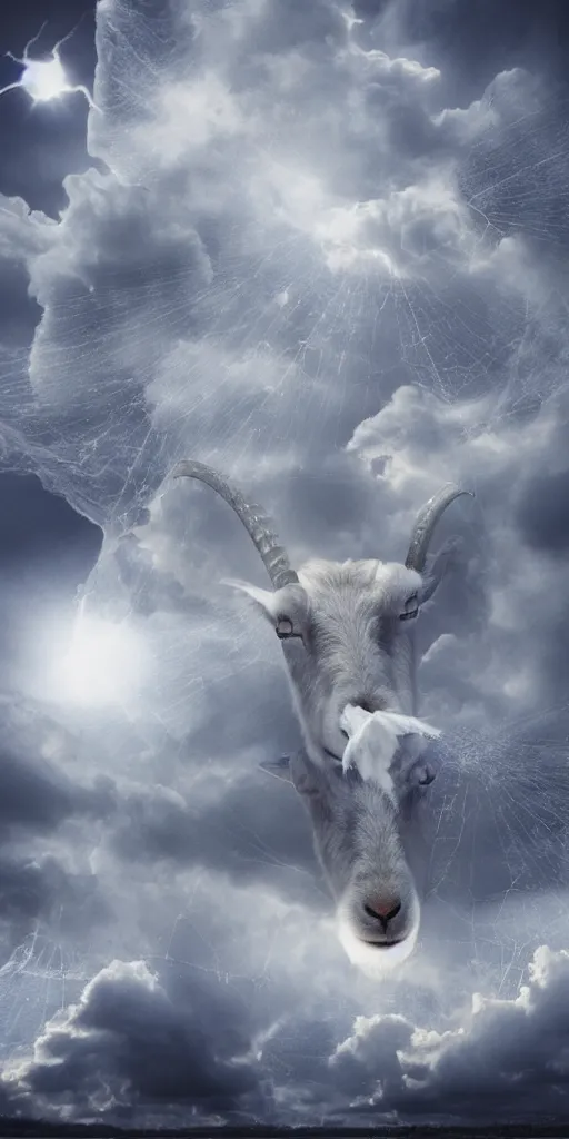 Image similar to a goat with a cobweb between his horns, sky realistic stormcloud with glimpses of flares