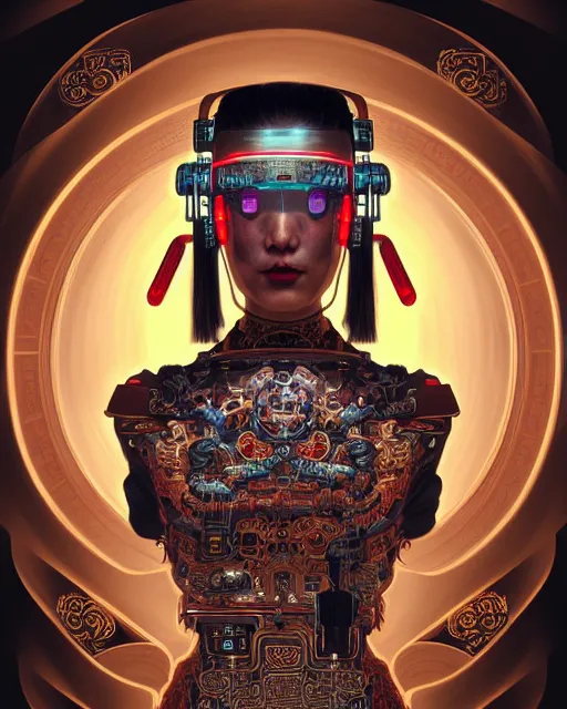 Image similar to portrait of a cyberpunk machine, machine face, upper half portrait, decorated with chinese opera motifs, asian, fine china, traditional chinese art, intricate, elegant, highly detailed, symmetry, digital painting, artstation, concept art, smooth, sharp focus, illustration, art by artgerm and greg rutkowski and alphonse mucha, 8 k