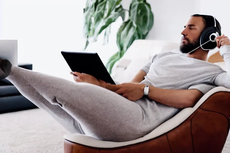 Image similar to a caucasian man who is deep in thought is wearing a white t - shirt and he is wearing black sweat pants and he is wearing headphones and he has an open laptop on his lap and he is relaxing in a brown leather chair that is in the reclining position