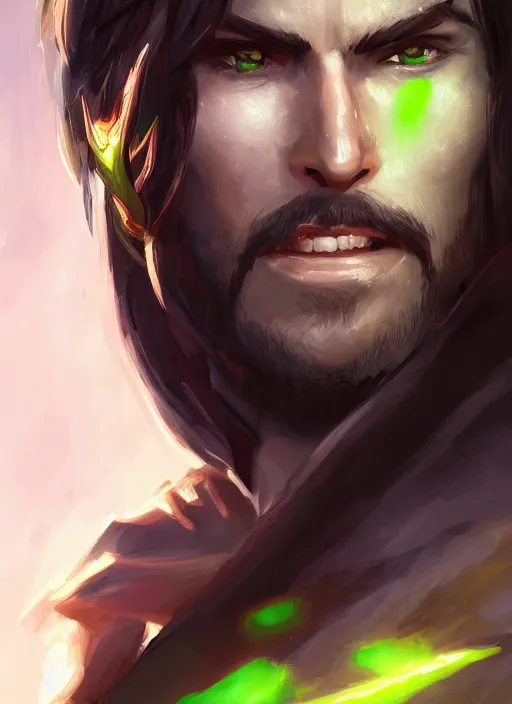 Image similar to a smile male warrior with dark medium hair, sword in hand, green cloak, friendly, confident, reliable. character, closeup headshot, in the style of artgerm, artstation, wlop, alexis franklin, cgsociety, 8 k resolution, detailed