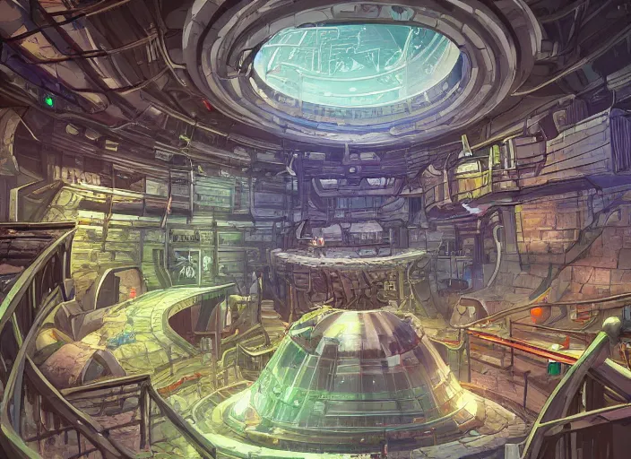 Prompt: wide establishing shot of a dungeons and dragons battle map of the inside of a particle accelerator, dynamic composition, dramatic lighting, trending on artstation, digital art, stylized painting