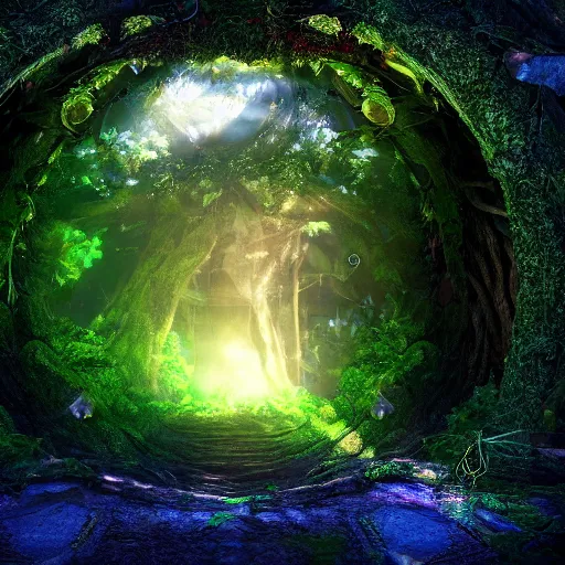 Image similar to portal to another dimension inside a beautiful tree in a densely overgrown jungle, fantasy, dreamlike sunrise volumetric lighting, ultra realistic, atmospheric, stopped in time, epic