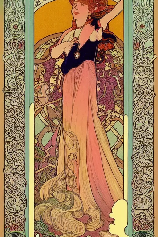 Prompt: full length painting of princess - peach!!!!!!! art nouveau, tarot card by mucha, gaudy colors, sharp edges, intricate line - work.