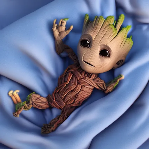 Image similar to Baby Groot is fast asleep and snuggled up in bed, cuddling a blue blanket, hyperdetailed, artstation, cgsociety, 8k