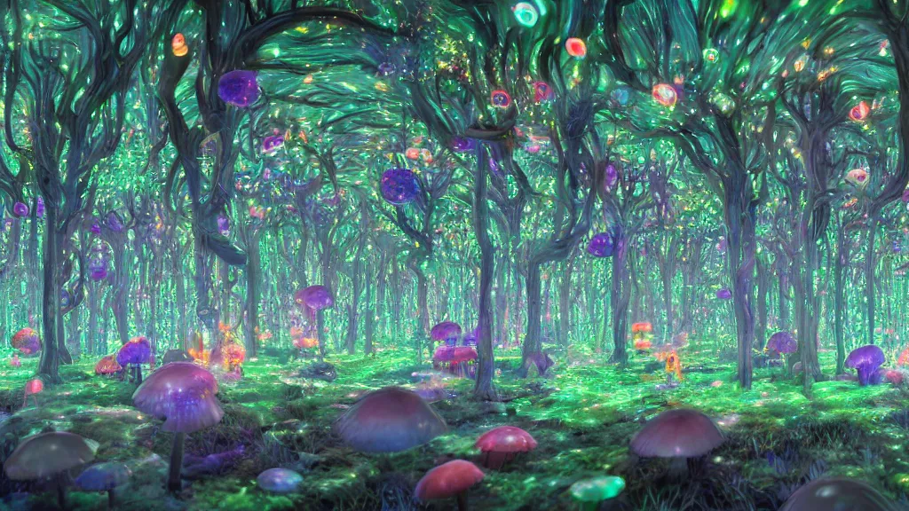 Prompt: 8k, acid trip, hall of mirrors, ultra detailed, a hyperrealistic image of a mycelium forest with neon glowing mushrooms, with magical creatures, by studio ghibli, trending on patreon, artstation, deviantart. Unreal engine