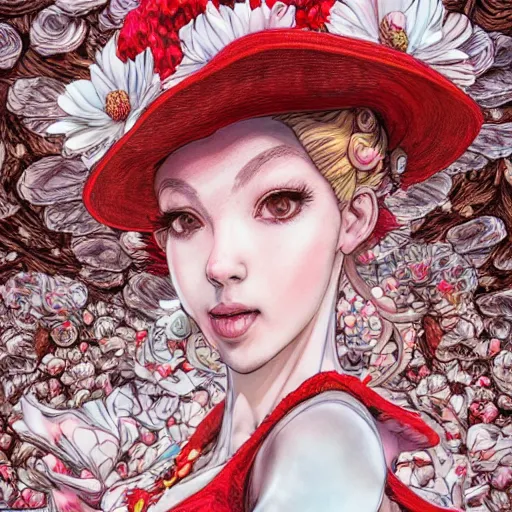 Prompt: the portrait of an absurdly beautiful, graceful, elegant, sophisticated, fashionable princess peach made of red and white spotted mushrooms and white petals, an ultrafine hyperdetailed illustration by kim jung gi, irakli nadar, intricate linework, bright colors, octopath traveler, final fantasy, unreal engine 5 highly rendered, global illumination, radiant light,