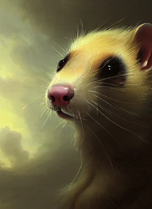 Prompt: a beautiful closeup shot from a fantasy film of a ferret with golden eyes. an animal with yellow eyes. portrait. joseph ducreux, greg rutkowski.