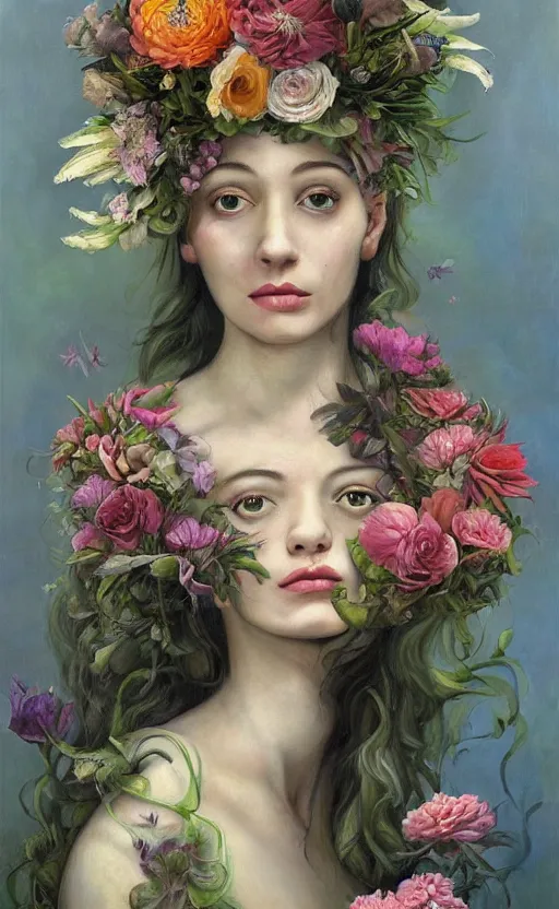 Prompt: a painting of a young woman with flowers on her head, a surrealist painting by Marco Mazzoni and Dorothea Tanning cgsociety, neo-figurative, detailed painting, rococo, oil on canvas, seapunk, made of flowers, lovecraftian