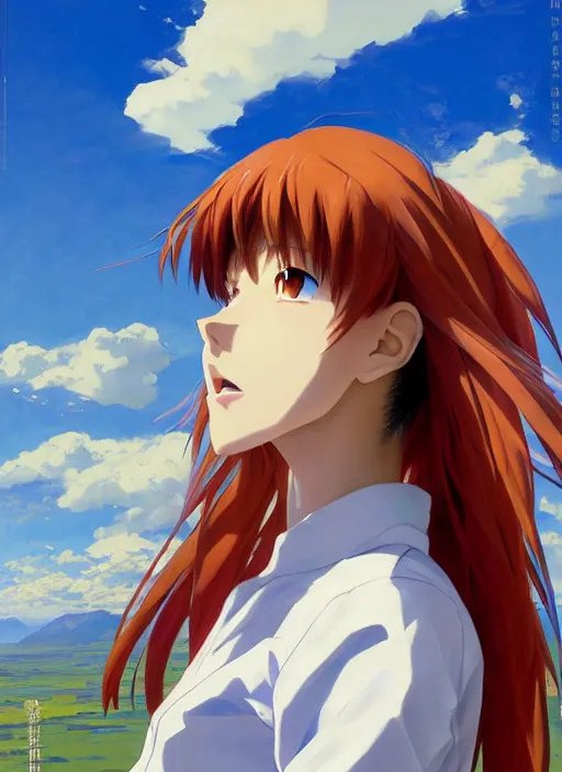 Image similar to portrait of Asuka Soryu Langley from Neon Genesis Evangelion enjoying her vacation, countryside, calm, fantasy character portrait, dynamic pose, above view, sunny day, thunder clouds in the sky, artwork by Jeremy Lipkin and Giuseppe Dangelico Pino and Michael Garmash and Rob Rey, very coherent asymmetrical artwork, sharp edges, perfect face, simple form, 100mm