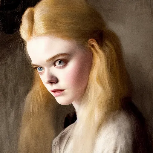 Prompt: Elle Fanning at a diner, head and shoulders portrait, stormy weather, extremely detailed masterpiece, Roger Deakin’s cinematography, oil on canvas, Rembrandt,