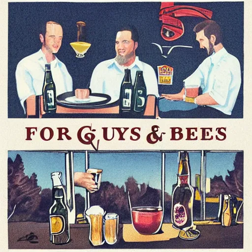 Prompt: album art cover of four guys barbecue and drinking beer